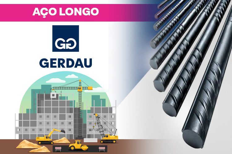 Gerdau: Aço Longo. Vergalhões de aço e ilustração de canteiro de obras.