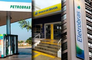 Montagem de posto Petrobras, agência Banco do Brasil e prédio Eletrobras, ícones de empresas brasileiras.