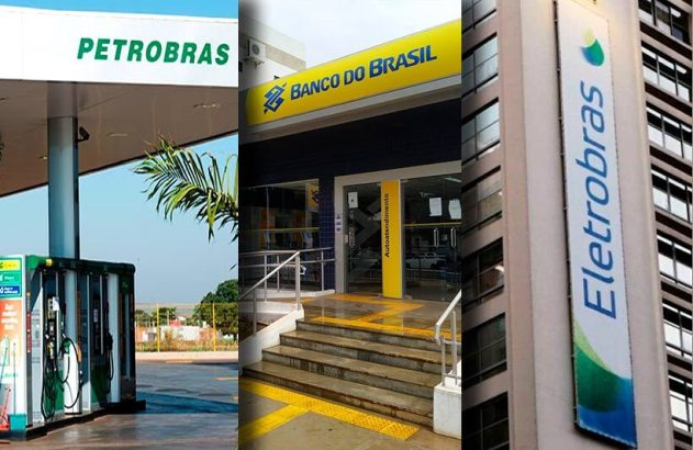 Montagem de posto Petrobras, agência Banco do Brasil e prédio Eletrobras, ícones de empresas brasileiras.