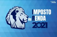 Leão estilizado, símbolo do Imposto de Renda, e texto "IMPOSTO de RENDA 2021" sobre fundo azul com padrões geométricos.