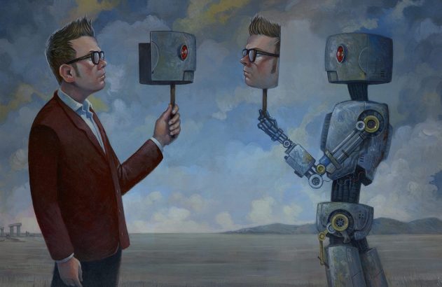 Pintura: Homem com máscara de cabeça robótica e robô com máscara de cabeça humana. Cenário desolado, céu nublado.