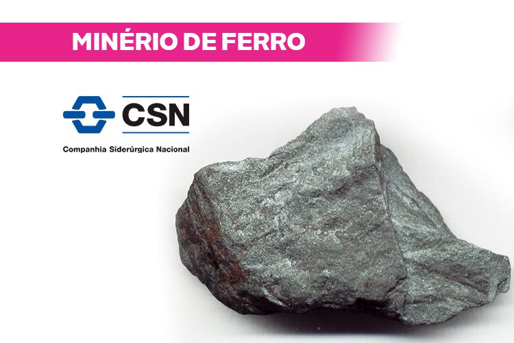 Pedaço de minério de ferro cinzento-escuro, com banner rosa "Minério de Ferro" e logo CSN.