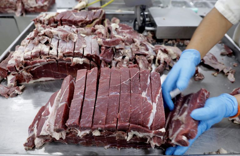 Carne crua fatiada em bancada de metal. Mãos com luvas azuis manuseiam os pedaços de carne.