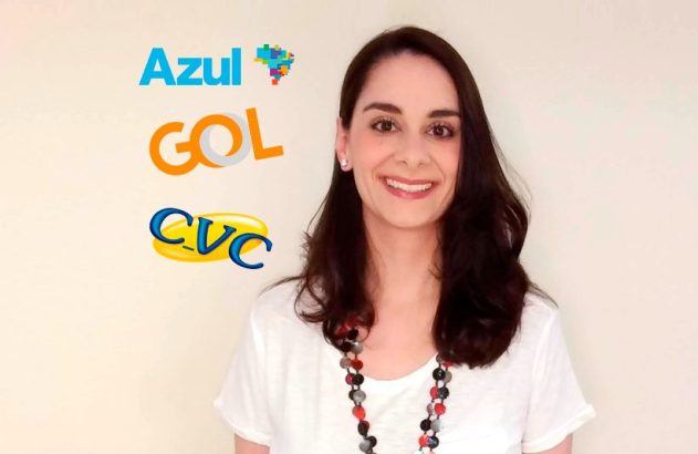 Mulher sorrindo para câmera, com logos da Azul, GOL e CVC.