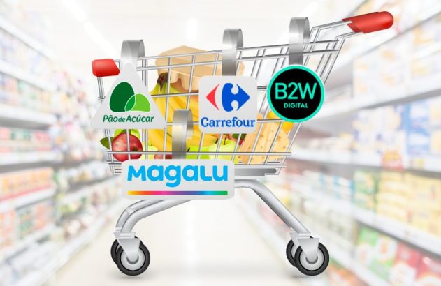Carrinho de compras com produtos e logos de Pão de Açúcar, Carrefour, B2W Digital e Magalu.