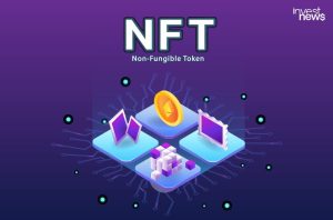 Ilustração de NFT com símbolos de ativos digitais em rede tecnológica roxa.