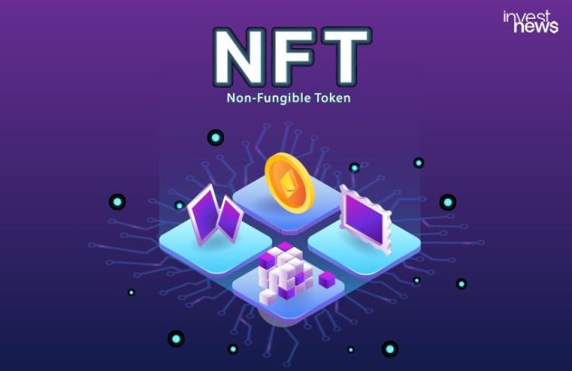 Ilustração de NFT com símbolos de ativos digitais em rede tecnológica roxa.