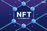 Visão conceitual de NFT, com 'Non-Fungible Token' e 6 cubos Ethereum interconectados em rede blockchain.