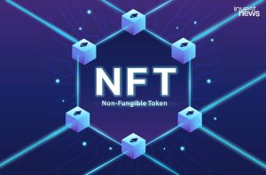 Visão conceitual de NFT, com 'Non-Fungible Token' e 6 cubos Ethereum interconectados em rede blockchain.