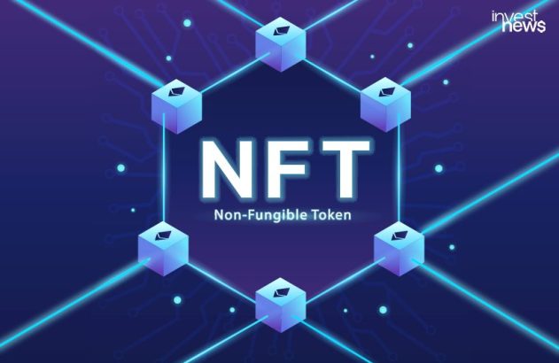 Visão conceitual de NFT, com 'Non-Fungible Token' e 6 cubos Ethereum interconectados em rede blockchain.