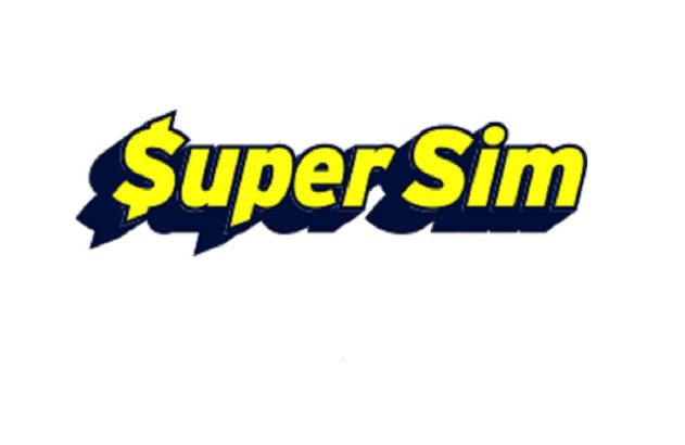 Logo "Super Sim" com letras amarelas, efeito 3D azul e o "S" inicial estilizado como cifrão.