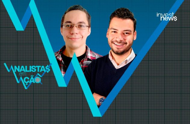 Dois analistas sorrindo em fundo de gráfico financeiro, com 'Analistas em Ação' e logo Invest News.