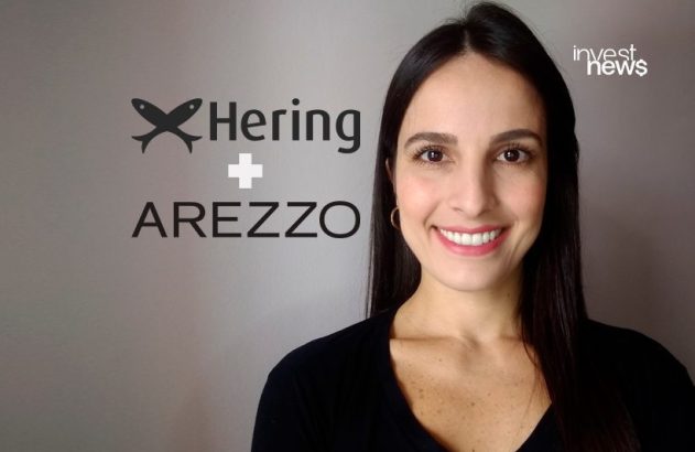 Mulher sorrindo com os logos Hering + Arezzo e Investnews.