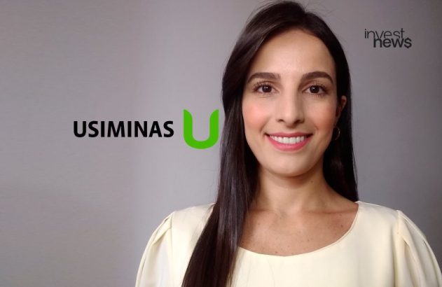 Mulher sorrindo, com os logos USIMINAS U e investnews em um fundo cinza.
