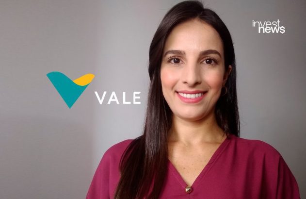 Mulher sorridente com as logos da Vale (azul e amarelo) e Investnews em fundo cinza.