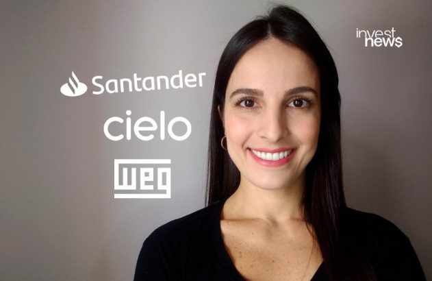 Apresentadora de Invest News sorrindo. Logos Santander, Cielo e WEG.