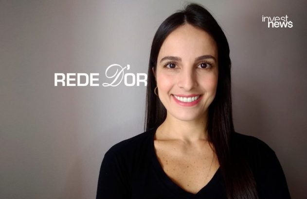 Mulher sorrindo, com logos REDE D'Or e invest news ao fundo.