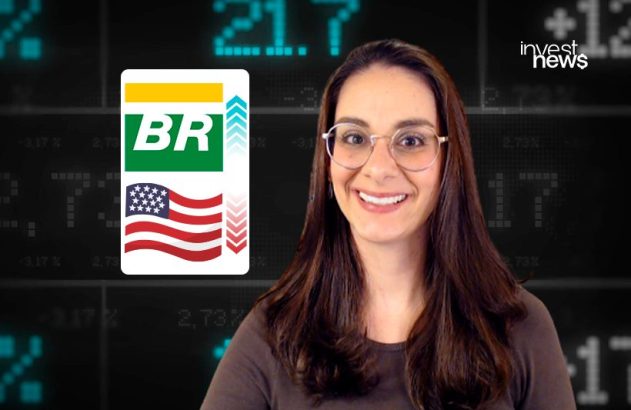 Mulher sorrindo. Logo BR em alta e bandeira EUA em baixa, sobre fundo de dados financeiros.