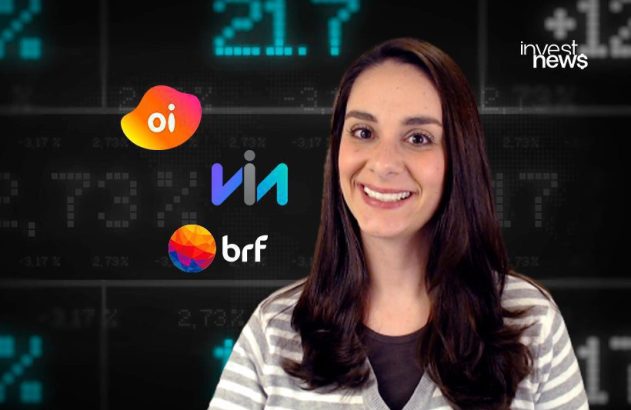 Mulher sorrindo com fundo financeiro exibindo dados e logos de Oi, Via, BRF e InvestNews, sugerindo análise de mercado.