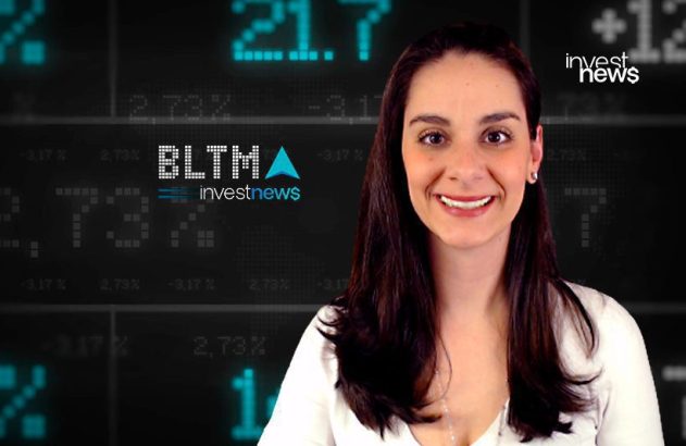 Âncora sorrindo com fundo digital exibindo dados financeiros e logos 'BLTM investnews'.