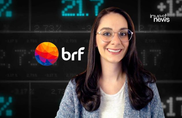 Mulher sorridente de óculos em um fundo com dados financeiros e os logos da BRF e InvestNews.