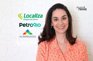 Mulher sorrindo em frente a logos de Localiza, PetroRio, Alpargatas e Invest News.