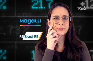 Mulher com expressão pensativa; logos Magalu e IRB Brasil RE sobre fundo de tela financeira. Logo invest news.