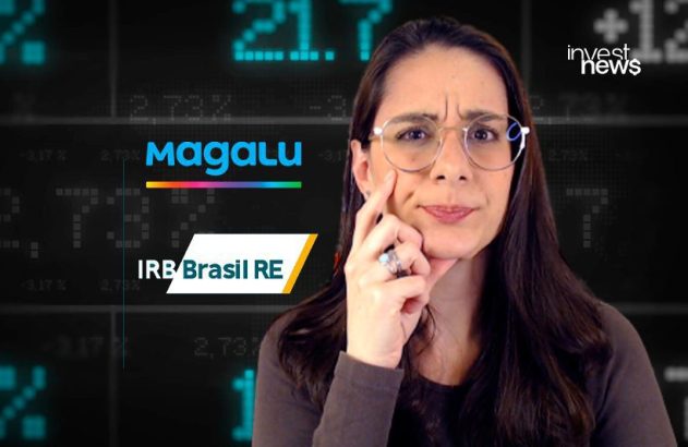 Mulher com expressão pensativa; logos Magalu e IRB Brasil RE sobre fundo de tela financeira. Logo invest news.