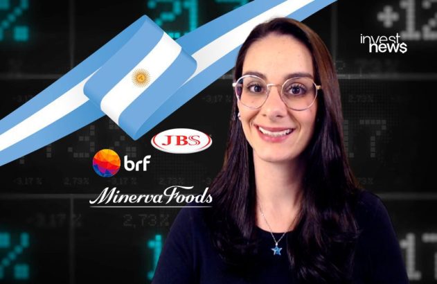 Mulher sorrindo apresenta notícias financeiras, com bandeira Argentina e logos JBS, BRF, Minerva Foods.