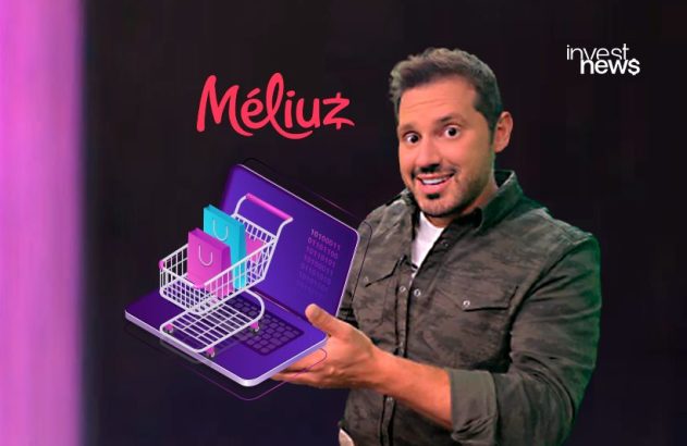 Homem apresenta laptop holográfico com carrinho e sacolas de compras; logo Méliuz.