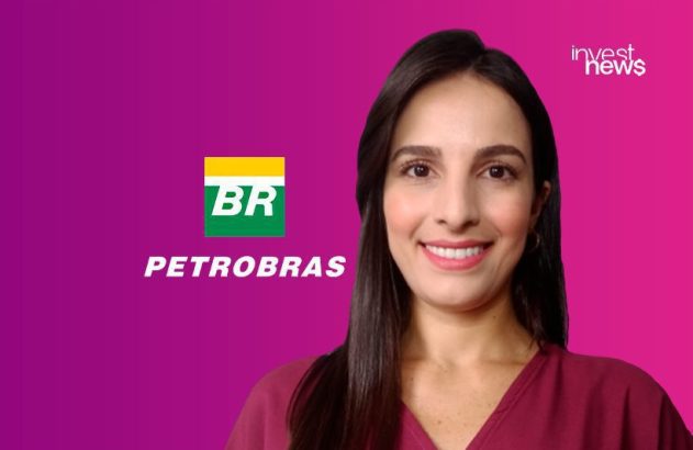 Mulher sorrindo em fundo roxo com logos Petrobras e InvestNews.