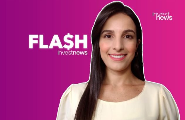 Apresentadora sorrindo em fundo roxo e rosa com logotipo 'FLASH investnews'.