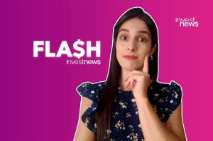 Apresentadora pensativa, com dedo no queixo. Texto "FLASH investnews" em fundo roxo. Logo Investnews.