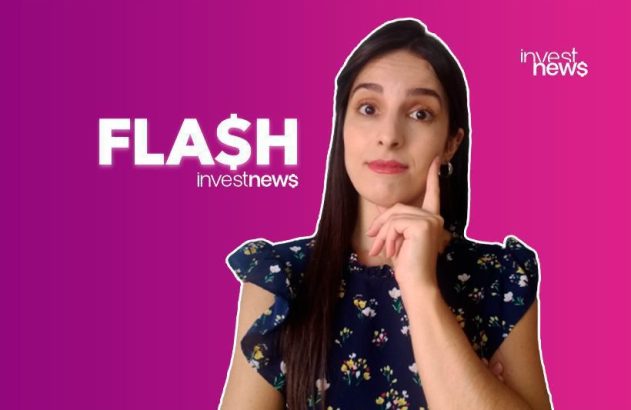 Apresentadora pensativa, com dedo no queixo. Texto "FLASH investnews" em fundo roxo. Logo Investnews.