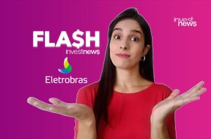 Mulher em camisa vermelha apresenta 'FLASH investnews' e logo Eletrobras, com mãos abertas em fundo roxo e rosa.