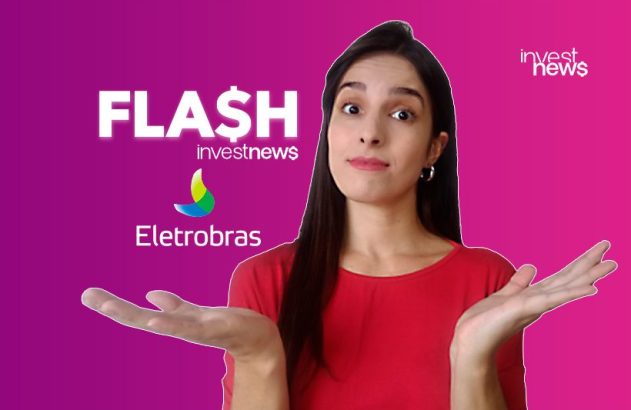 Mulher em camisa vermelha apresenta 'FLASH investnews' e logo Eletrobras, com mãos abertas em fundo roxo e rosa.