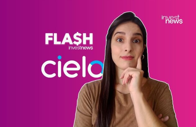 Mulher com mão no queixo, apresentando "FLASH investnews" sobre Cielo em fundo roxo com logo "investnews".