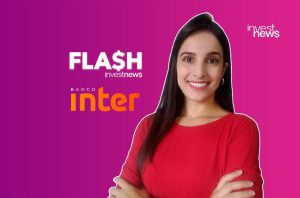 Mulher sorridente. Logos 'FLA$H investnews' e 'Banco Inter' em fundo degradê roxo-rosa.
