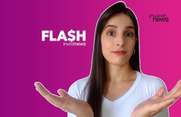 Mulher com mãos abertas apresentando algo, com logotipo FLA$H investnews em fundo roxo.