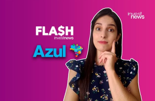 Mulher pensativa em fundo roxo com texto "FLASH investnews", "Azul" e mapa do Brasil.