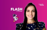 Mulher sorrindo e logo Flash$ Investnews$ com astronauta em foguete.