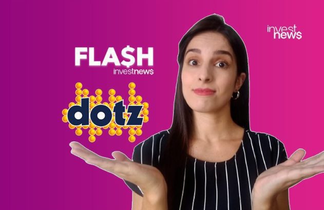 Mulher com mãos abertas apresentando "FLASH investnews" e "Dotz" em fundo degradê.