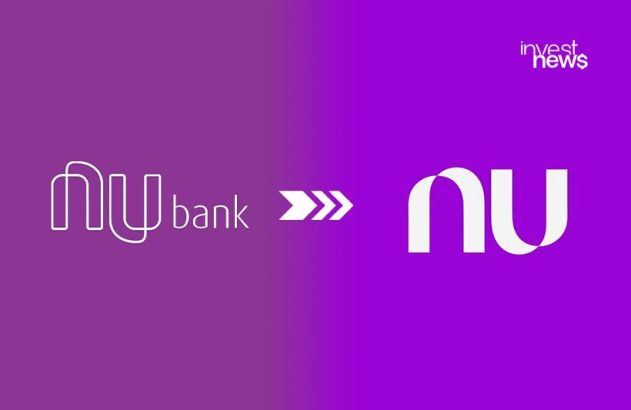 Transição do logotipo Nubank (contorno + 'bank') com setas para o novo logo Nu (sólido), em fundo roxo.