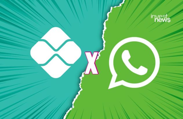 Logos PicPay e WhatsApp separados por um 'X' central em um fundo dinâmico dividido.