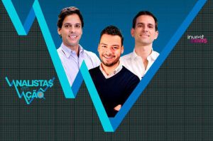 Três analistas sorrindo sobre fundo azul com gráfico em V. Textos "Analistas em Ação" e Investnews.