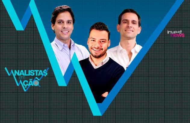 Três analistas sorrindo sobre fundo azul com gráfico em V. Textos "Analistas em Ação" e Investnews.