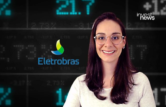 Apresentadora sorridente com óculos. Ao fundo, dados de mercado financeiro, logo Eletrobras e Invest News.