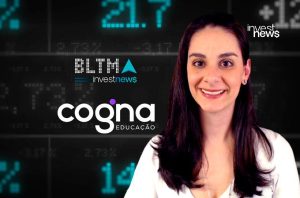 Mulher sorrindo à frente de tela digital com dados financeiros e logos 'investnews', 'BLTMA' e 'Cogna EDUCAÇÃO'.