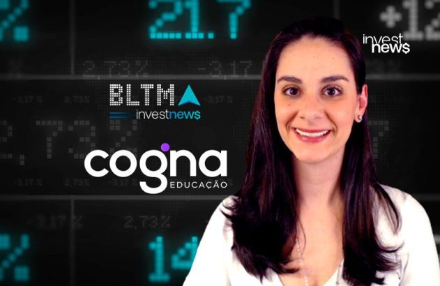 Mulher sorrindo à frente de tela digital com dados financeiros e logos 'investnews', 'BLTMA' e 'Cogna EDUCAÇÃO'.