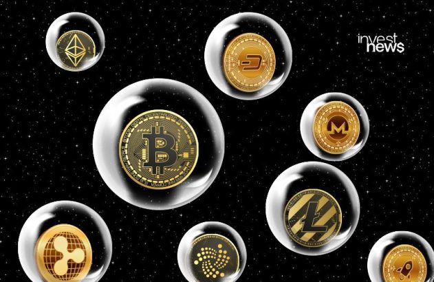 Moedas de criptomoedas (Bitcoin, Ethereum, Litecoin) em bolhas no espaço estrelado. Logo: invest news.